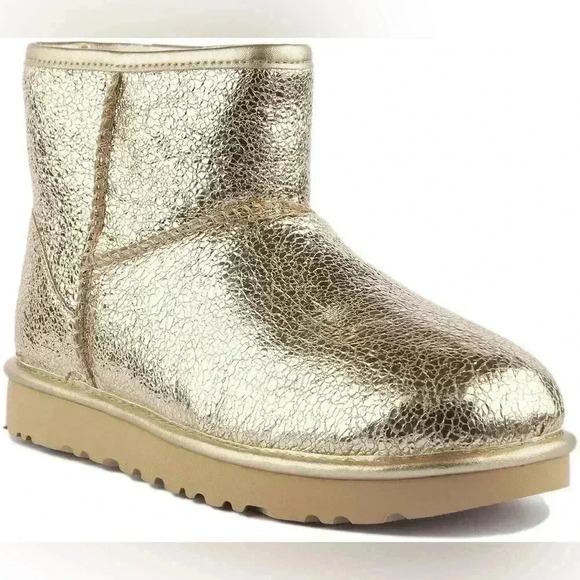 UGG CLASSIC MINI METALLIC SPARKLE GOLD LEATHER SHEEPSKIN WOMEN'S‎ BOOTS - Picture 1 of 9